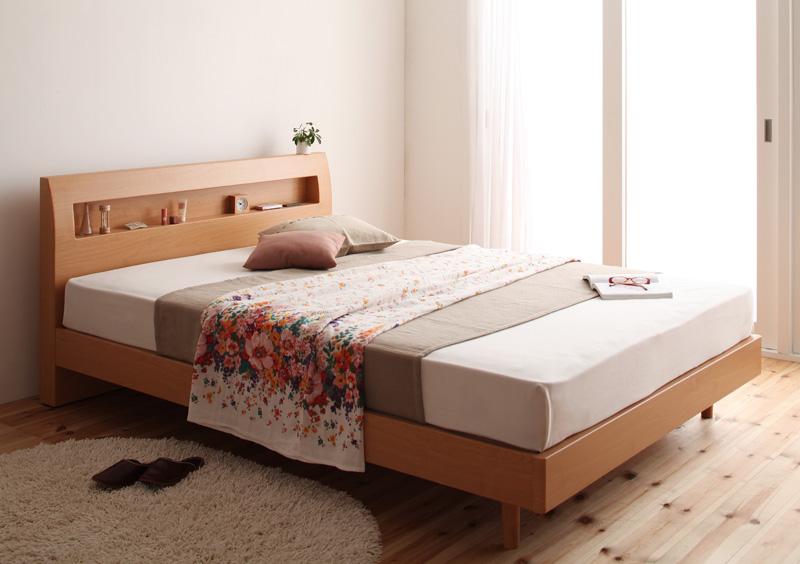 棚・コンセント付デザインすのこベッド 国産カバーポケットコイルマットレス付き シングル ベッド